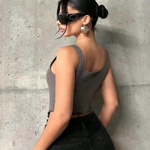 Letter Graphic Asymmetrical Hem Crop Tank Top